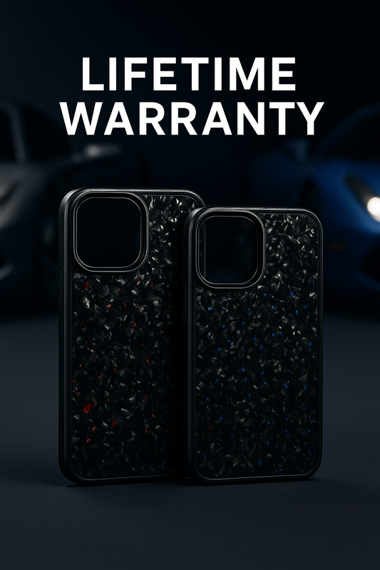 Two black phone cases with a lifetime warranty text on a dark background